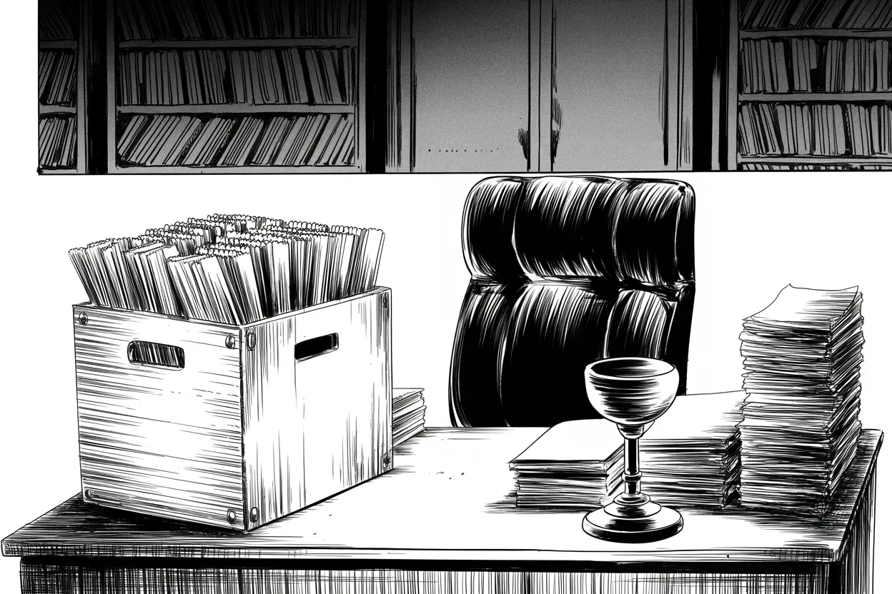 Manga panel 2 of 4, Week 394 “The Returns”: Friday, six years of his numbers walk out the door — the tax returns he carried all the way to the highest court to keep.