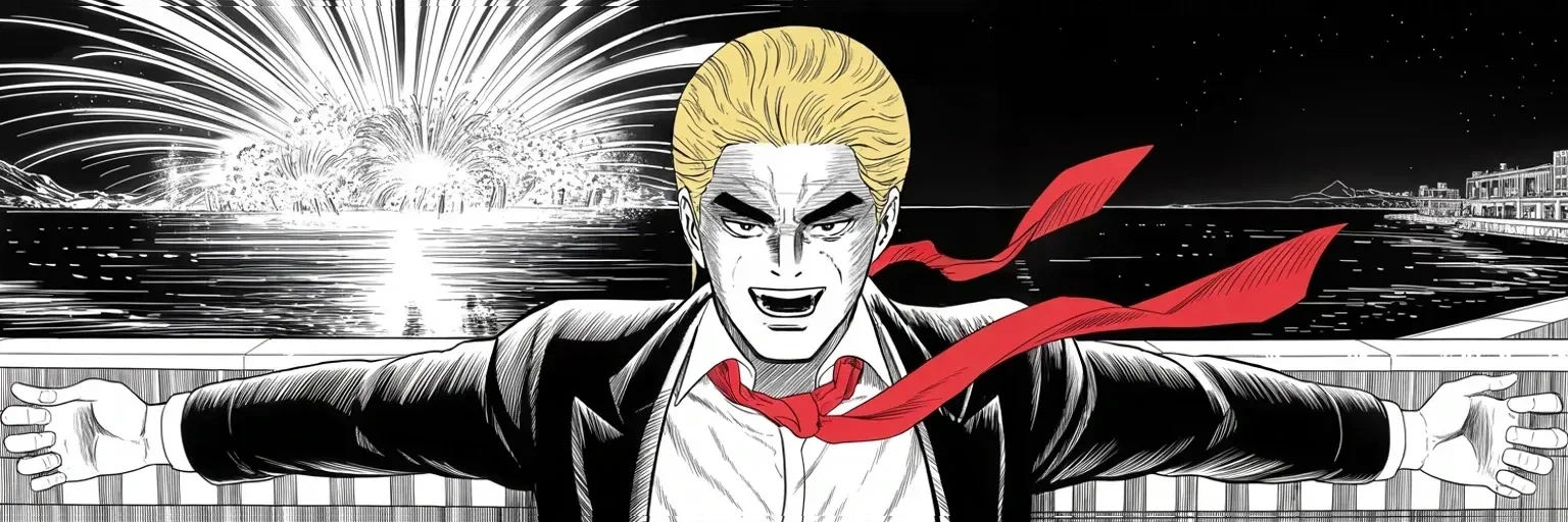 Manga panel 4 of 4, Week 394 “The Returns”: Midnight over the sea: a happy new year hurled at every enemy by name, and the real leaders promised to the faithful. Twenty twenty-three arrives.