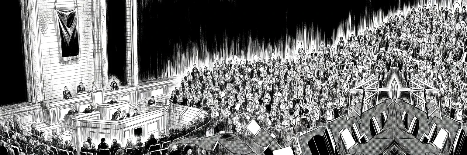 Manga panel 1 of 5, Week 395 “Fifteen Ballots”: The new House meets and cannot choose its Speaker — ballot after ballot fails, the first such deadlock in a hundred years.