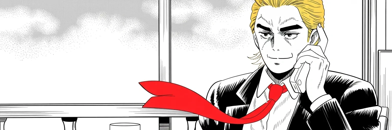 Manga panel 5 of 5, Week 395 “Fifteen Ballots”: In the morning the new Speaker tells the cameras that nobody should doubt his influence. He accepts the tribute in five words.
