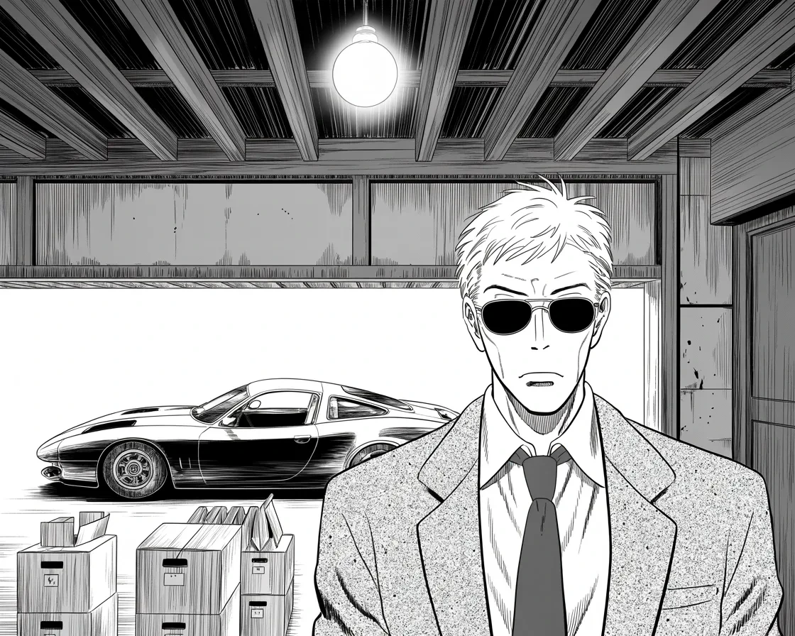 Manga panel 2 of 4, Week 396 “The Garage”: Then more: in the garage of his Delaware house, beside the sports car, another stack of boxes. The small man in dark glasses stands in the doorway looking at them.