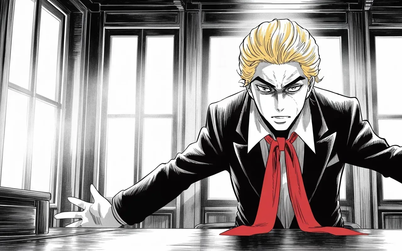 Manga panel 3 of 4, Week 396 “The Garage”: He can hardly believe his luck, and makes the demand of the year: end the special counsel hunting him, and appoint one who hates the other man just as much.