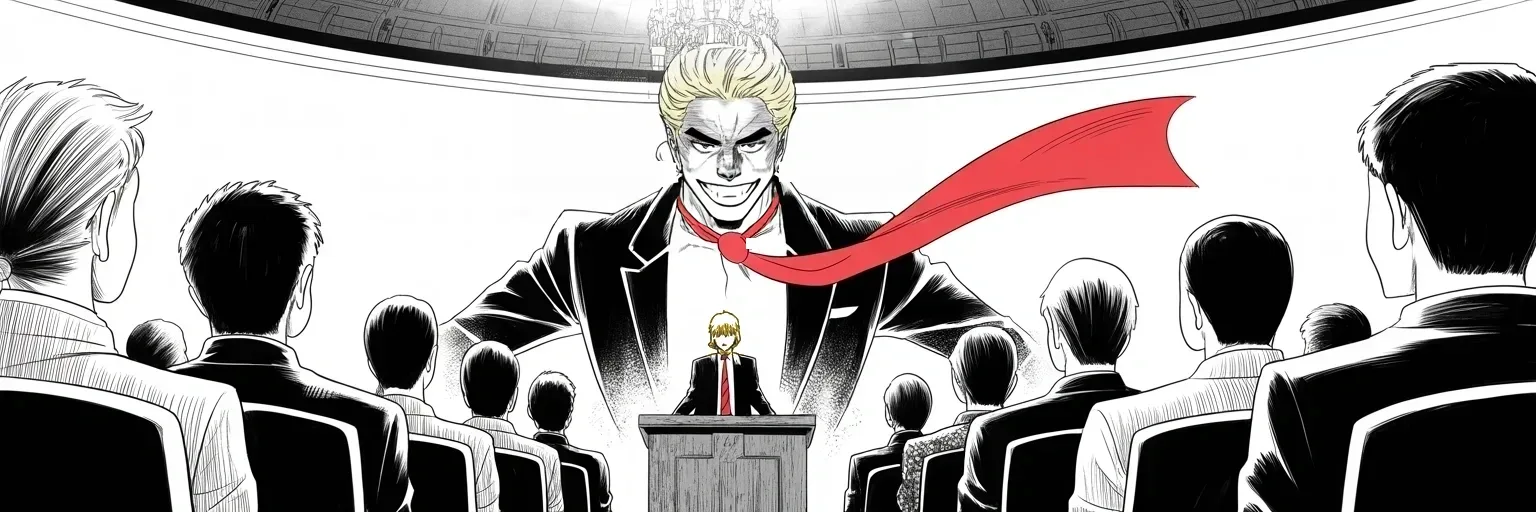 Manga panel 1 of 4, Week 397 “Wild and Exciting”: A big political speech at his own golf resort, to a room that is not full — while a giant grinning vision of him, tie streaming like a banner, looms over the half-empty ballroom. The press writes that he is barely campaigning; he promises them giant rallies, wild and exciting, soon.