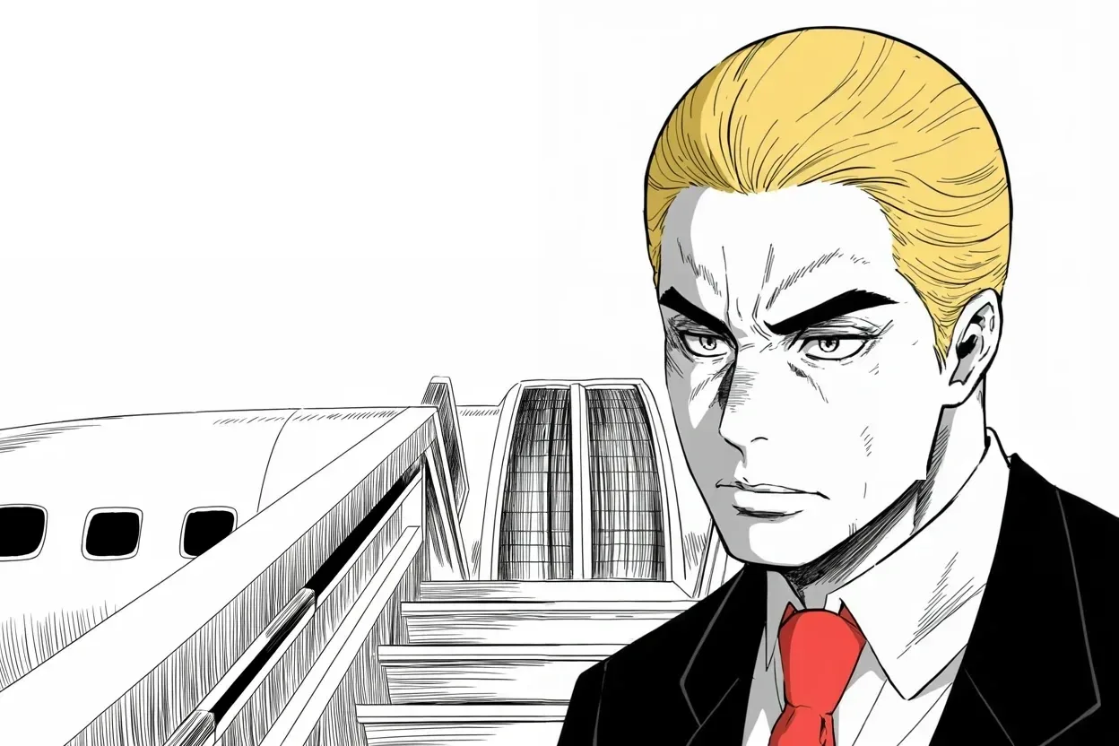 Manga panel 2 of 4, Week 397 “Wild and Exciting”: Saturday he flies north to bury a friend — the louder half of the duo that loved him first on camera. For one afternoon the war is quiet.