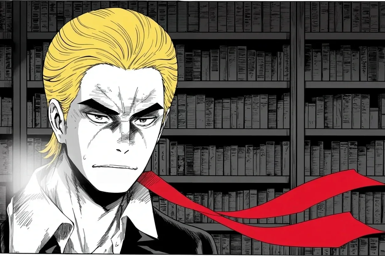 Manga panel 3 of 4, Week 397 “Wild and Exciting”: That night the grief curdles back into the war: the documents mess is theirs, he writes — they made it by being so deranged about him.