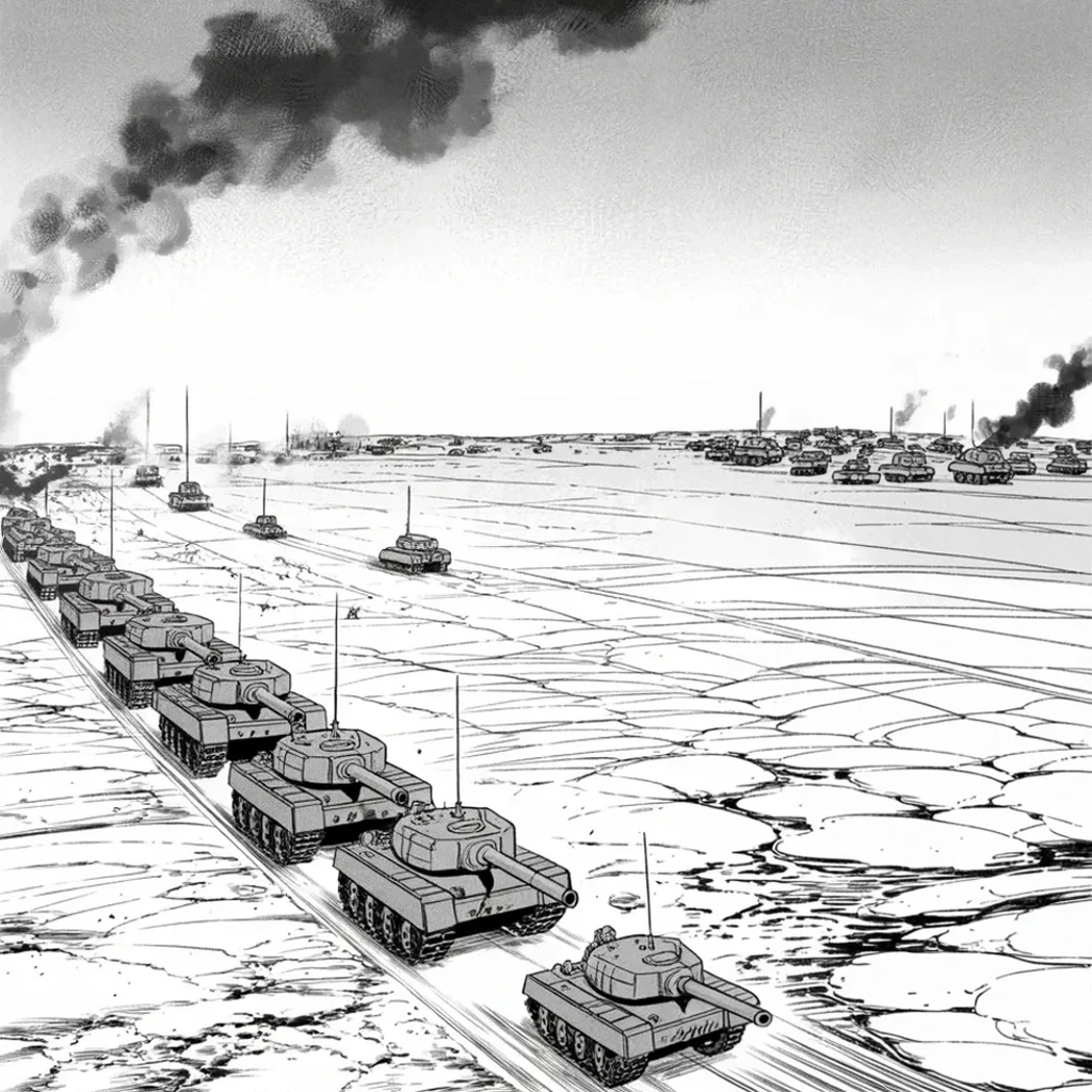 Manga panel 2 of 5, Week 398 “The Rival”: The same week the armor is promised to the far war, and he hurls a warning after it before dawn: first come the tanks, then come the nukes.