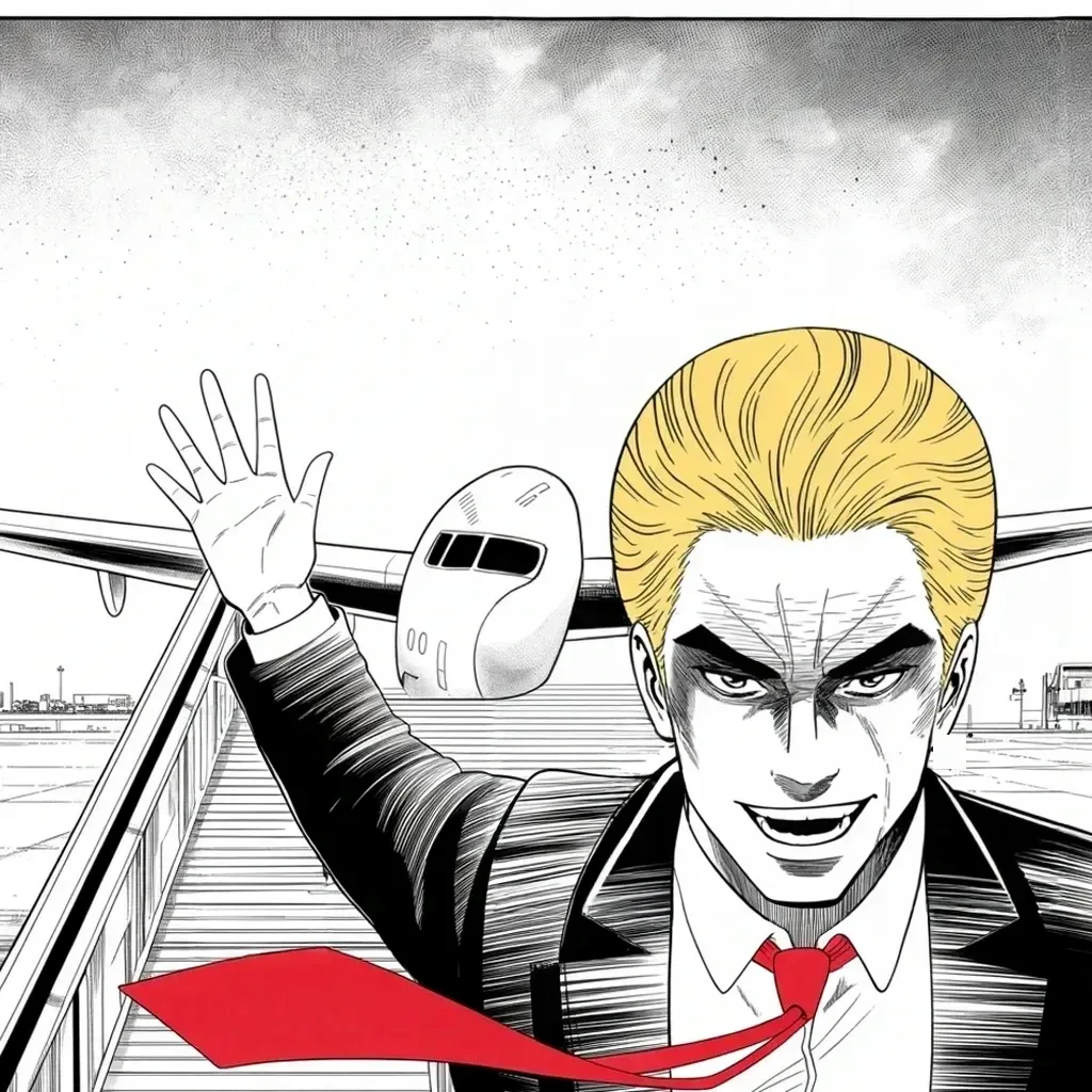 Manga panel 3 of 5, Week 398 “The Rival”: Saturday morning the campaign finally leaves the palace: wheels down in New Hampshire, a favorable poll in hand, the White House promised from the bottom of the airstairs.