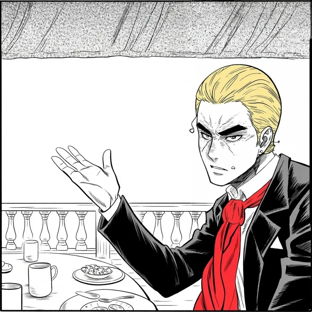 Manga panel 2 of 5, Week 399 “Stormy”: The answer comes by breakfast: the Stormy nonsense is very old, long past the deadline, and he relied on the judgment and advice of counsel.