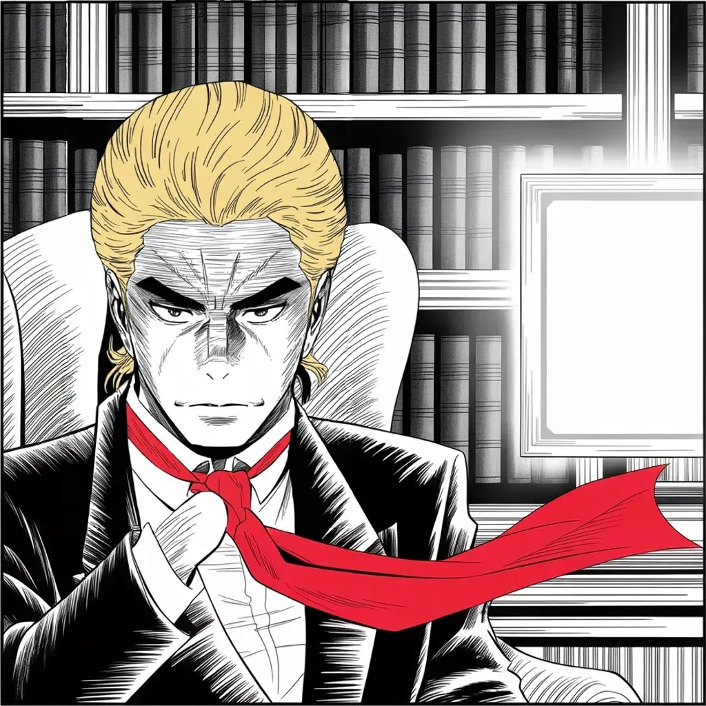 Manga panel 2 of 5, Week 401 “One Percent”: Wednesday the first challenger steps into the lists — his own ambassador. His blessing arrives with a blade folded inside it: she is polling, he notes, at one percent.