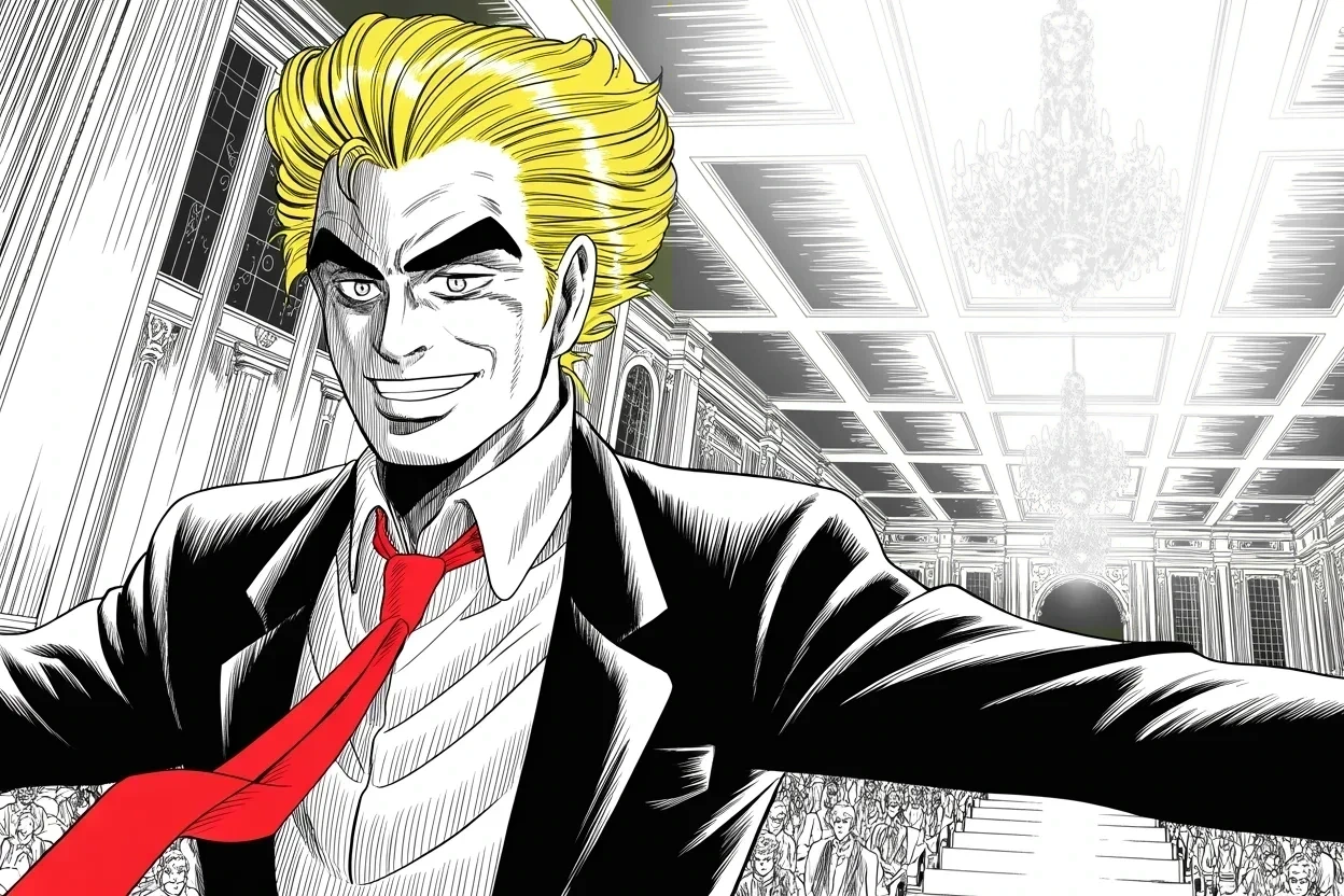 Manga panel 2 of 4, Week 402 “The Water”: The one sentence, filed the next afternoon from home: the Grand Ballroom of Mar-a-Lago, the greatest of them all.