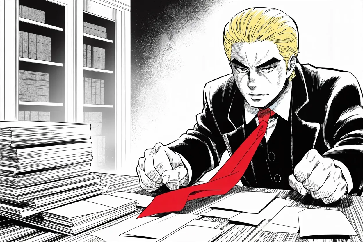 Manga panel 3 of 4, Week 402 “The Water”: Saturday morning Georgia and Manhattan fuse into a single roar about prosecutorial misconduct — and, in the same breath, big leads in the polls.