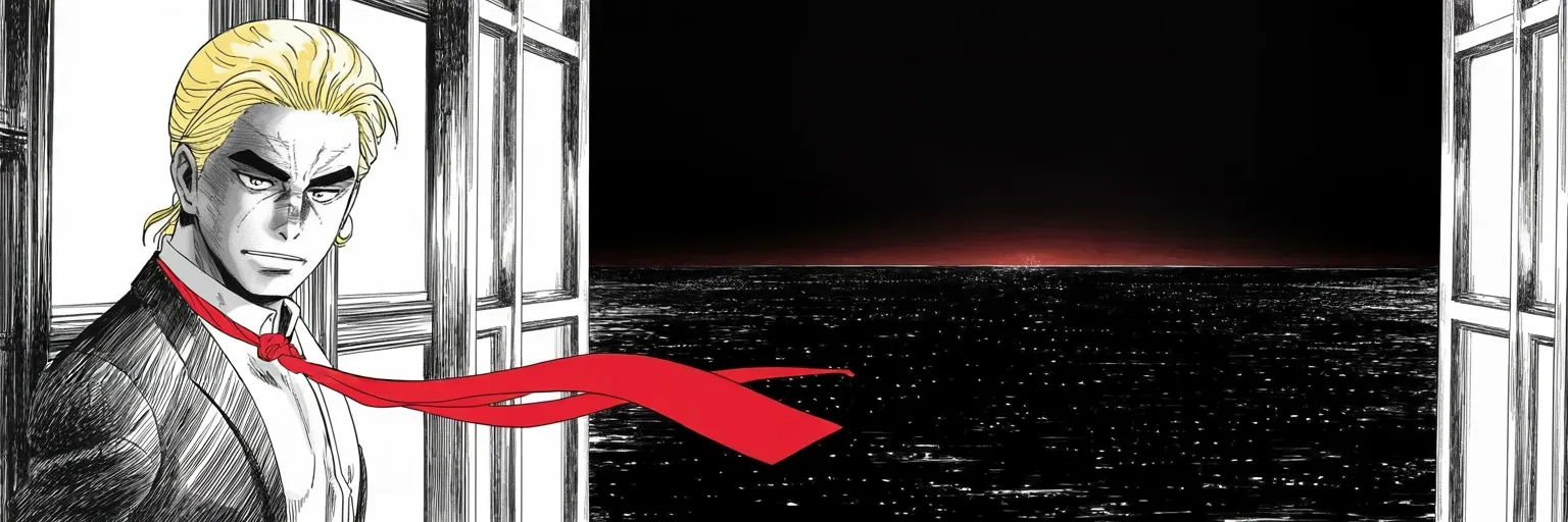 Manga panel 4 of 4, Week 402 “The Water”: Friday the far war turns one year old. The sirens that sounded over the usurper's visit to Kyiv were staged, he declares — and by Saturday he sees a third world war looming.