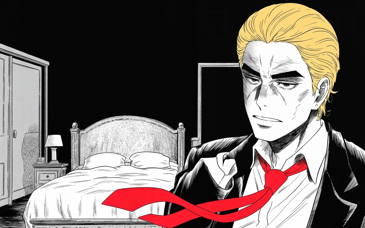Manga panel 3 of 4, Week 403 “Retribution”: The night before the pageant he lies awake with the prosecutor's name, turning over the district attorney and the felon whose testimony the whole case leans on.
