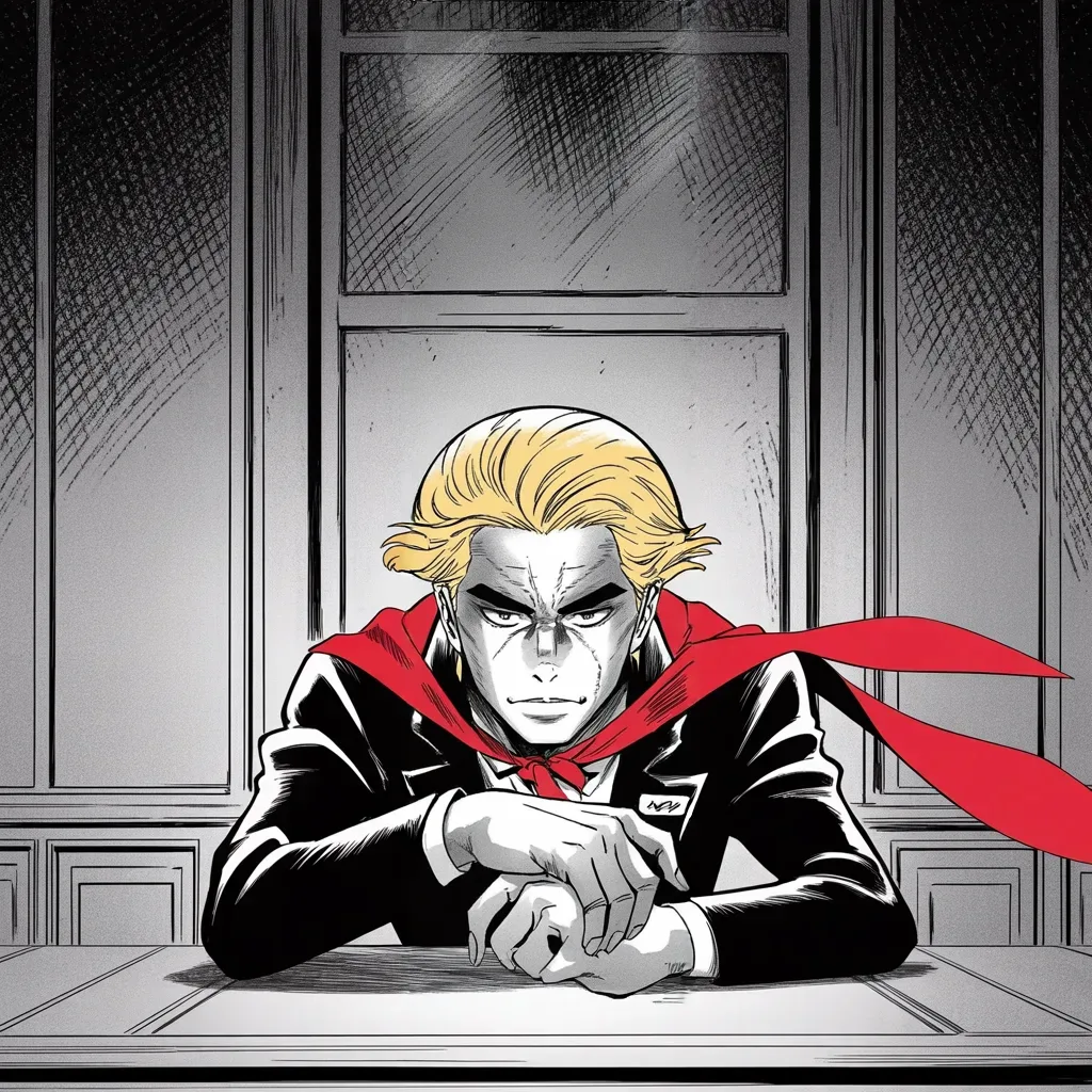 Manga panel 2 of 5, Week 404 “Four Directions”: Thursday the word comes from Manhattan: the grand jury would hear him. An invitation like that means one thing — a target. His answer is a denial with a twist of the knife in it.