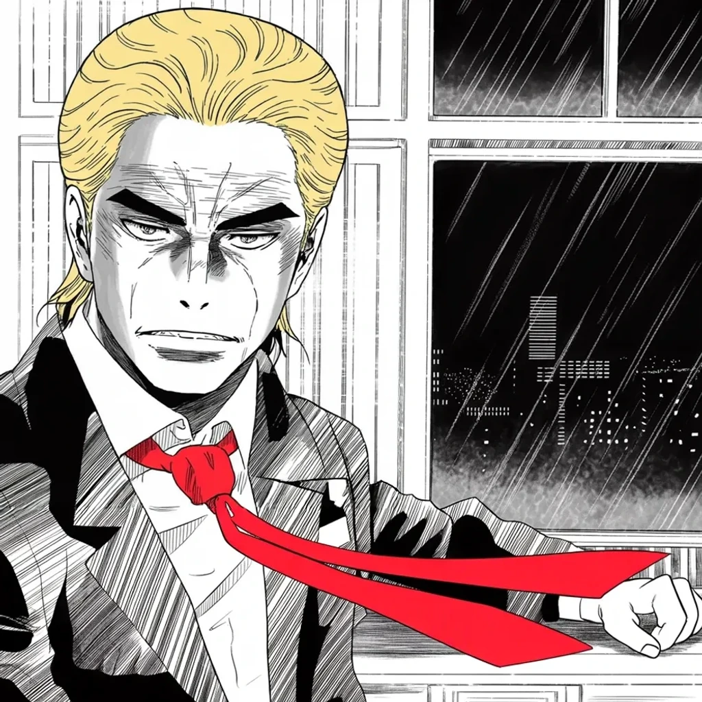 Manga panel 3 of 5, Week 404 “Four Directions”: Friday evening he mourns an old lion of the law — the legendary district attorney who, he is certain, would be spinning in his grave at what his office is thinking of doing.