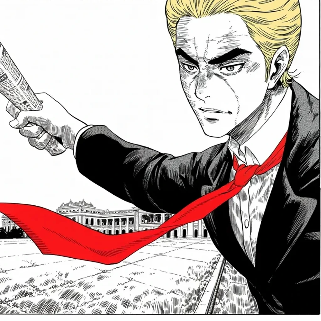 Manga panel 4 of 5, Week 404 “Four Directions”: Sunday morning a bank out west has collapsed, and he reads the omen at the top of his voice: a new Herbert Hoover in the palace, a great depression on the way.