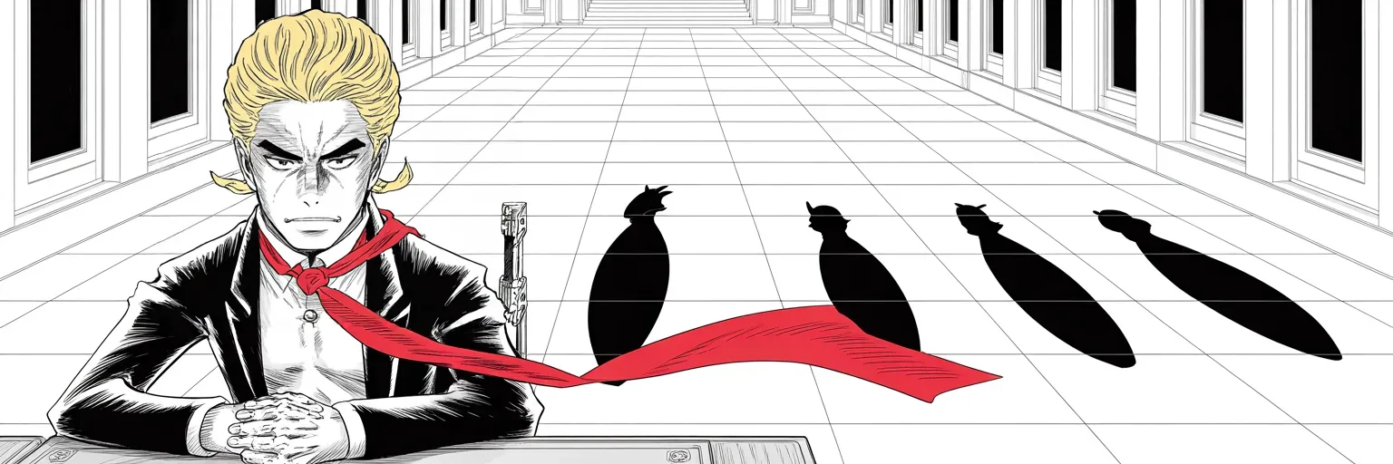 Manga panel 5 of 5, Week 404 “Four Directions”: Monday he counts the hunts himself — four investigations, four directions: the boxes, the Capitol, the Georgia phone call, and Stormy. Five days later he will name the day of his own arrest.