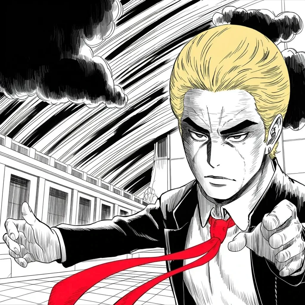 Manga panel 3 of 5, Week 405 “Tuesday”: Page two ends with the prophecy that gives the chapter its engine: he will be arrested on Tuesday of next week. Protest, he commands. Take our nation back.