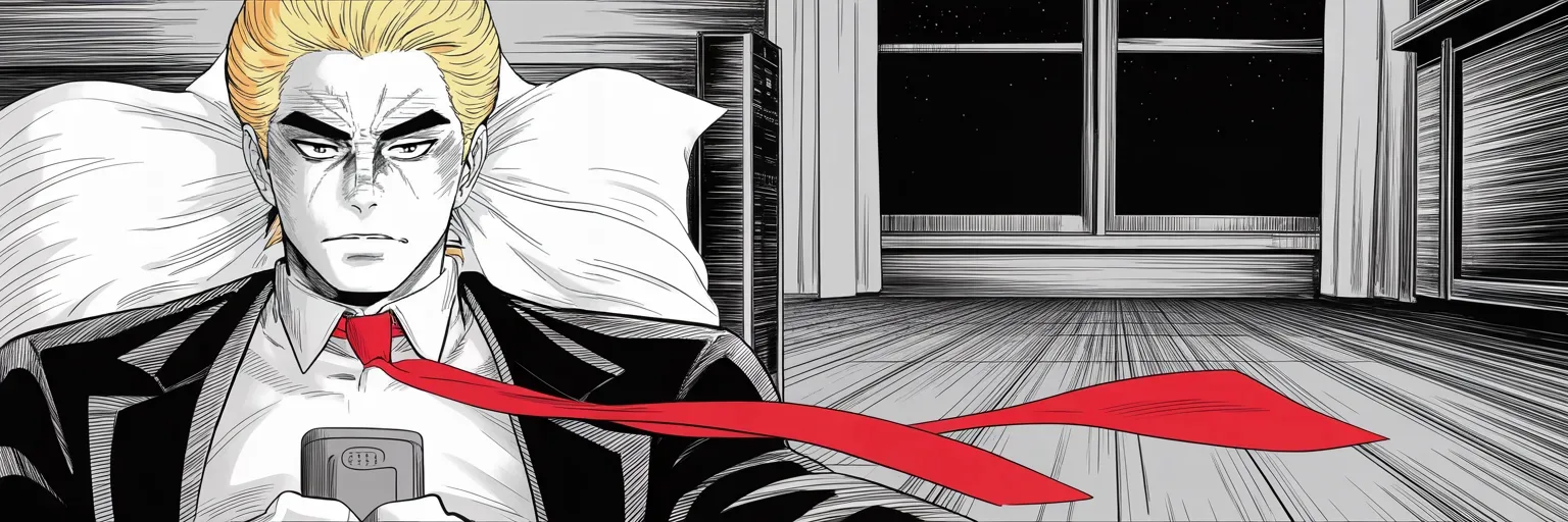 Manga panel 5 of 5, Week 405 “Tuesday”: Late Monday night, the promised Tuesday minutes away, he talks himself toward sleep: the witness collapsed, the case is crumbling — the district attorney will do the right thing.