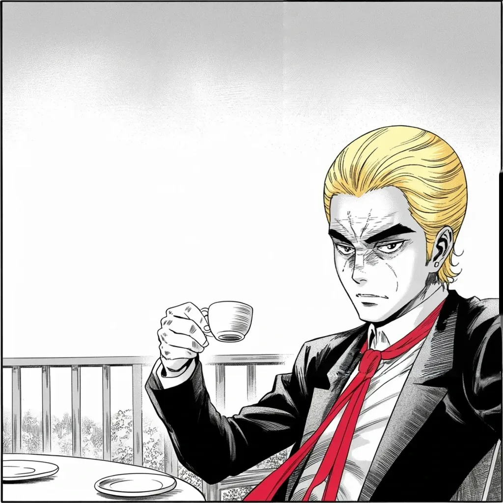 Manga panel 2 of 5, Week 406 “Waco”: Wednesday the missed deadline is repackaged as a rout: the rogue prosecutor, he reports over breakfast, is having a hard time with the grand jury.