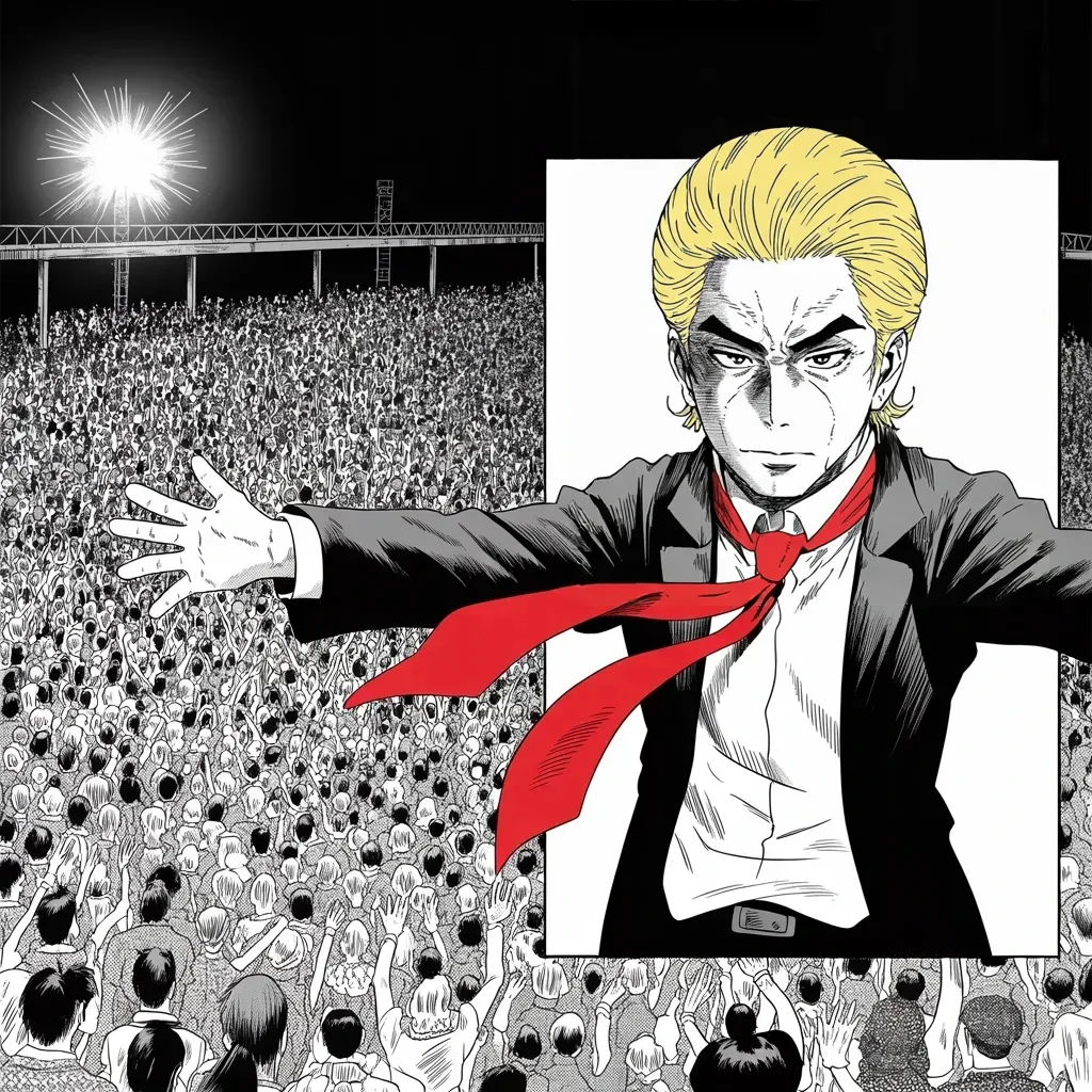 Manga panel 4 of 5, Week 406 “Waco”: Saturday night, Waco: the first rally of the new war. From the stage he gives the hunt its meaning — they are not coming after him. They are coming after everyone else. He is standing in their way.