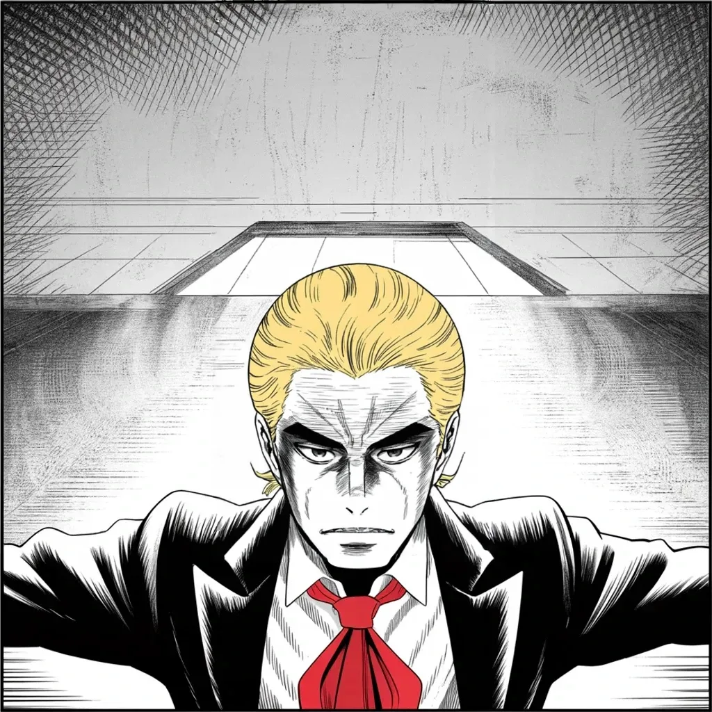 Manga panel 2 of 5, Week 407 “Indicated”: Wednesday he blesses the grand jury itself — such respect, such overwhelming evidence in his favor. It would never vote against him. The vote comes the next day.