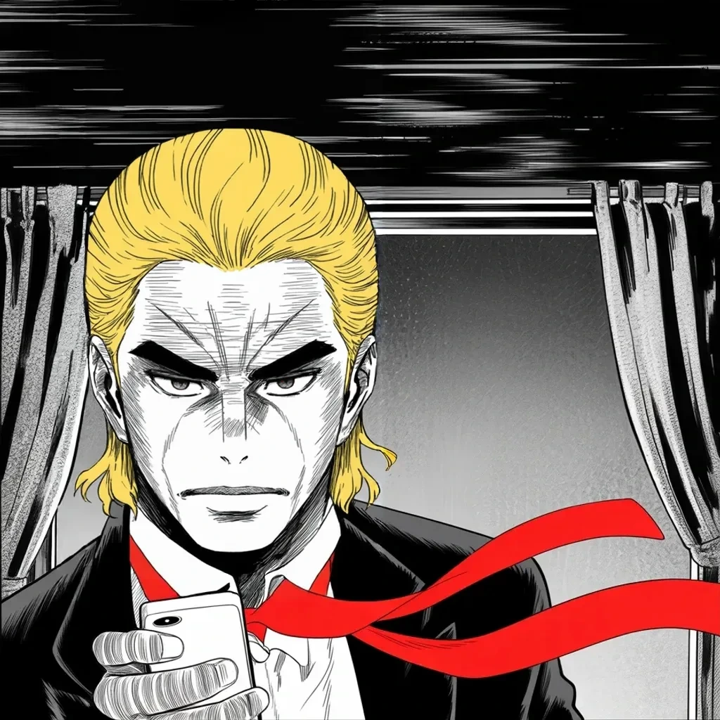 Manga panel 3 of 5, Week 407 “Indicated”: Thursday evening the phone lights up: the grand jury has voted. For the first time in the republic's history, a former president is indicted — and his answer misspells the blow.