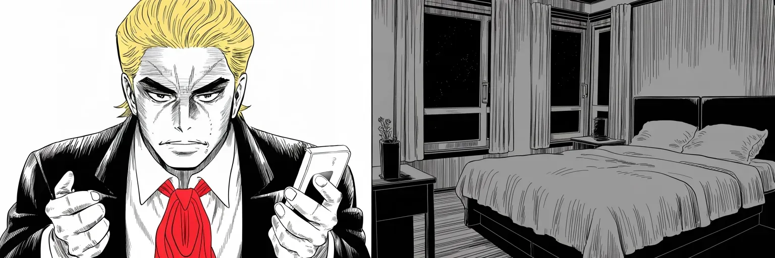 Manga panel 5 of 5, Week 407 “Indicated”: Late Sunday night he posts his own itinerary to the courthouse — the noon flight, the tower, then the arraignment. America was not supposed to be this way.