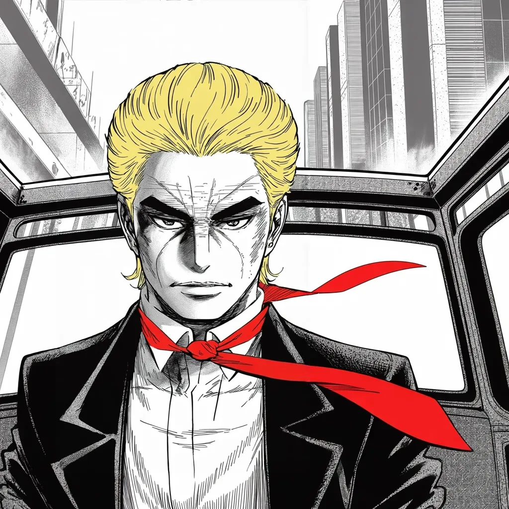 Manga panel 2 of 5, Week 408 “The Arrest”: The motorcade rolls south through his own city toward the courthouse. From the back seat it all seems so surreal — wow, they are going to arrest him.