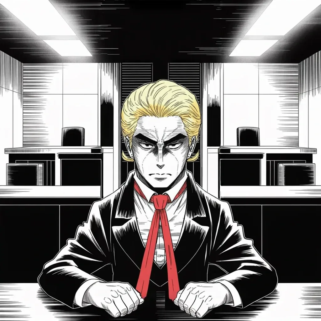 Manga panel 3 of 5, Week 408 “The Arrest”: In the fluorescent courtroom the counts are read — thirty-four of them. He answers with two words: not guilty. And the state takes no photograph.