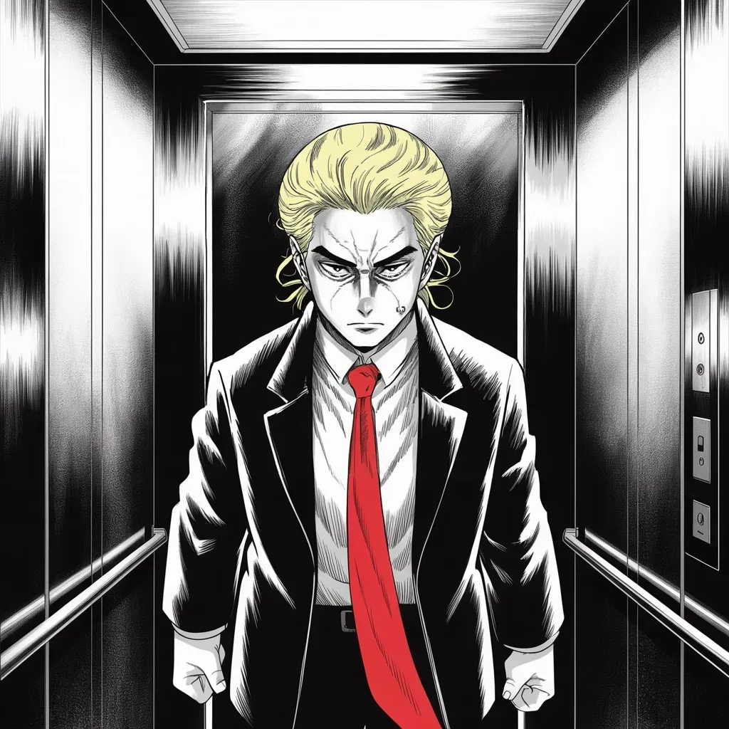 Manga panel 2 of 5, Week 409 “Chinatown”: Thursday morning, the elevator down. The attorney general's lawyers are waiting downtown, and he goes to them snarling about the judge, the case, and the leak.