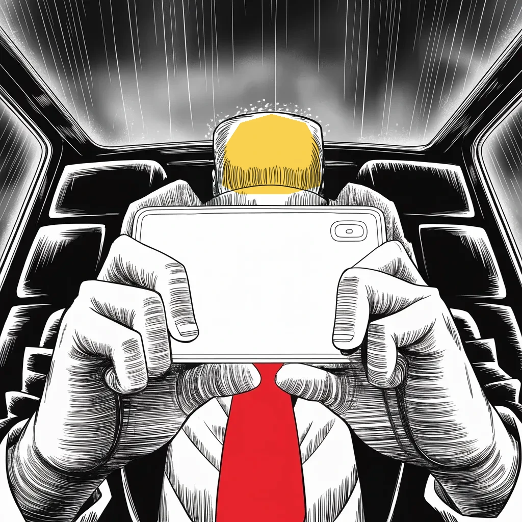 Manga panel 3 of 5, Week 409 “Chinatown”: In the car, the counter-attack goes out by thumb: thousands of boxes on the other side, he posts, many stored in Chinatown — and you hear nothing about it. Why?