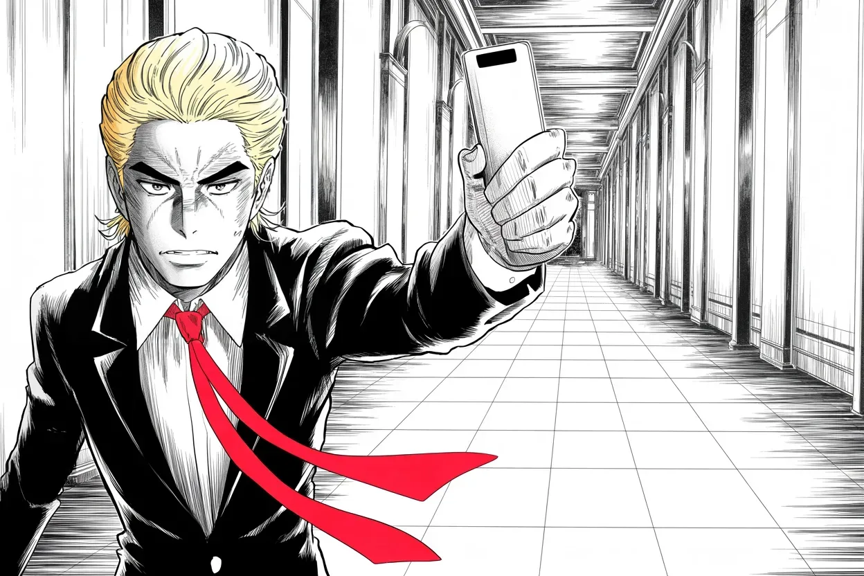 Manga panel 2 of 4, Week 410 “Ratings Gold”: Monday brings him glad news from the enemy camp: the man he calls the dumbest on television is out at the network he calls fake. What took them so long, he asks.