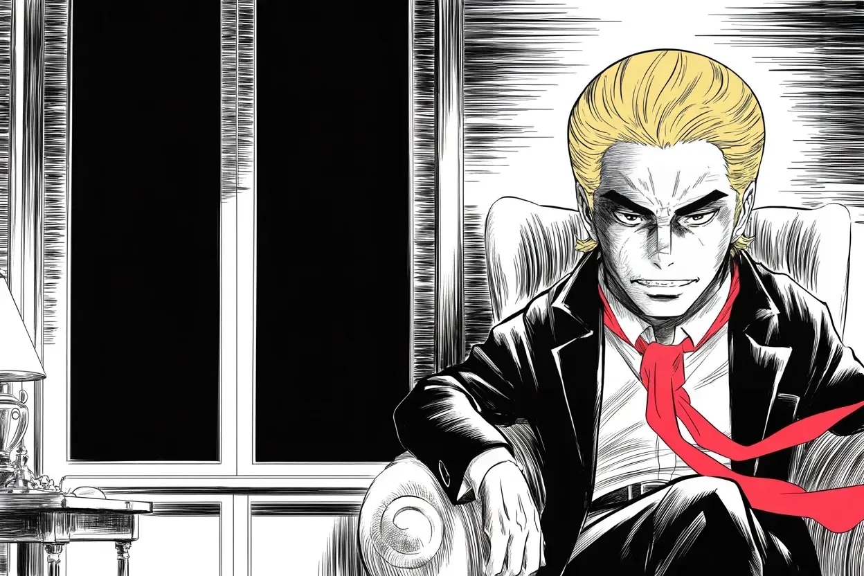 Manga panel 3 of 4, Week 410 “Ratings Gold”: Near midnight the other blow lands: the loudest friendly voice on cable is gone too. Insightful, interesting, ratings gold, he thinks into the dark. He will be greatly missed.