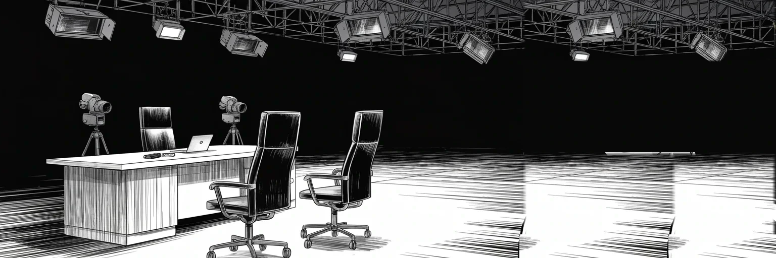 Manga panel 4 of 4, Week 410 “Ratings Gold”: By nightfall two chairs stand empty in two dark studios, friend and enemy alike. The screens go quiet. In Washington, the grand jury does not pause.