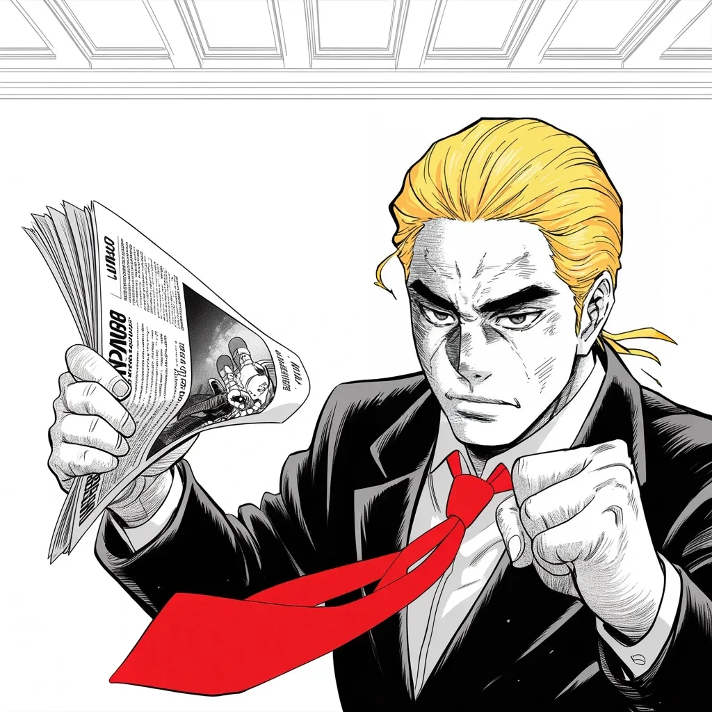Manga panel 2 of 5, Week 411 “The Empty Chair”: Wednesday the usurper declares for a second term with a prepackaged video. Seven takes to get it right, he sneers — if right is what you want to call it.