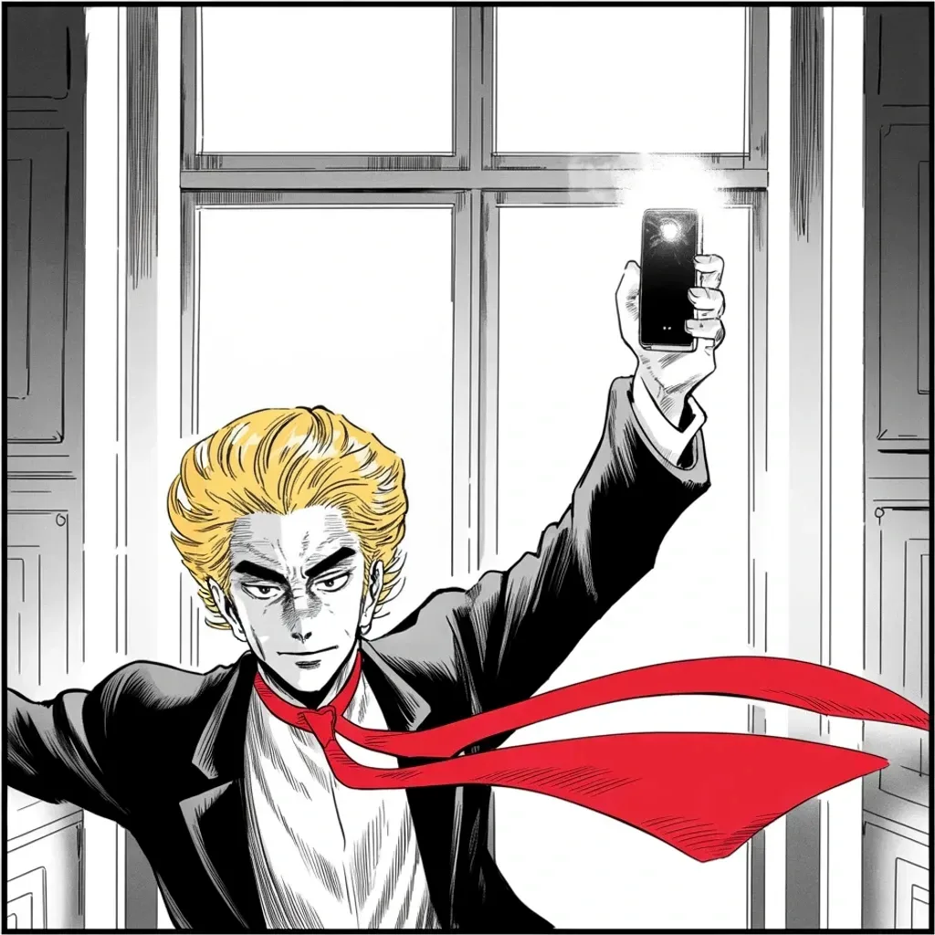 Manga panel 3 of 5, Week 411 “The Empty Chair”: Saturday he takes the measure of his megaphone: the biggest month of traffic yet, one of the most important voices in the universe — because it is his.