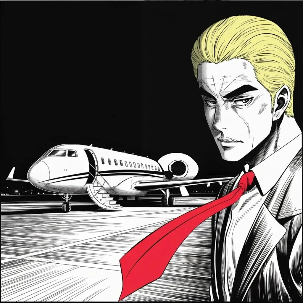 Manga panel 4 of 5, Week 411 “The Empty Chair”: Sunday night he leaves the country that is trying him — to Scotland and Ireland, to see and inspect his great properties. The trial stays behind.