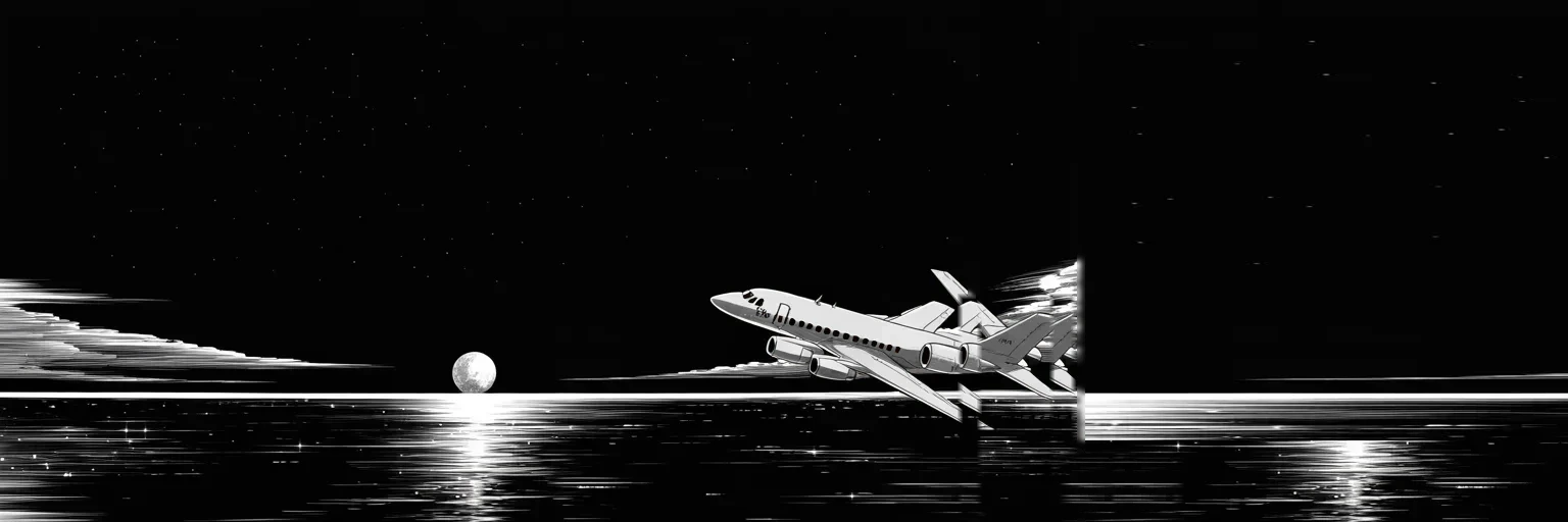Manga panel 5 of 5, Week 411 “The Empty Chair”: His jet climbs east over the dark ocean, an ocean away from his own trial. In the courtroom the writer tells her story to the jury, and the chair stays empty.