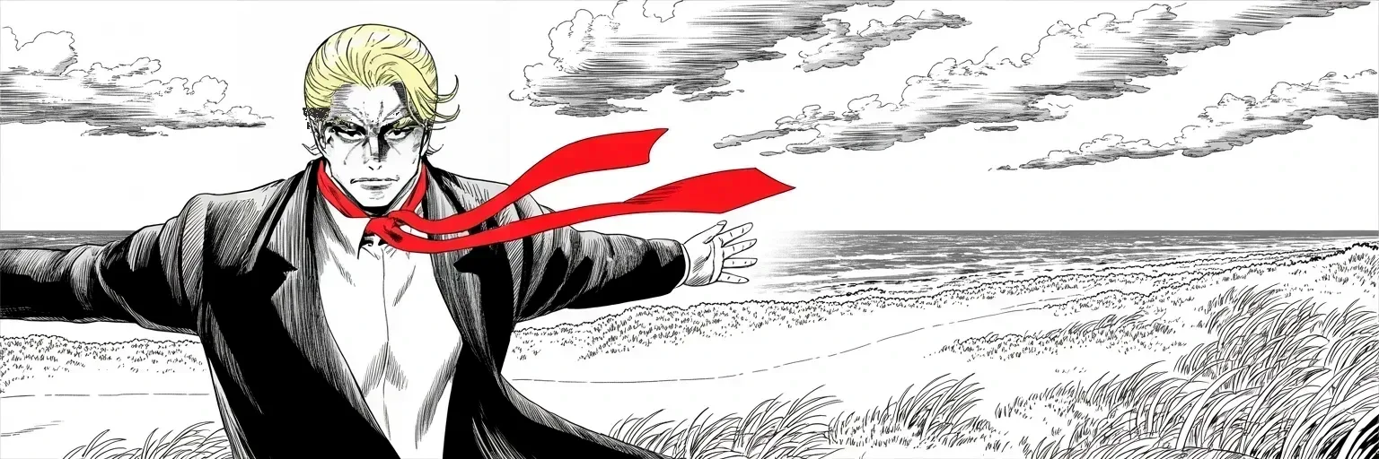 Manga panel 1 of 4, Week 412 “The Ocean Between”: An ocean away from the courtroom he walks his Irish links in the gale, arms wide, master of everything the wind touches.