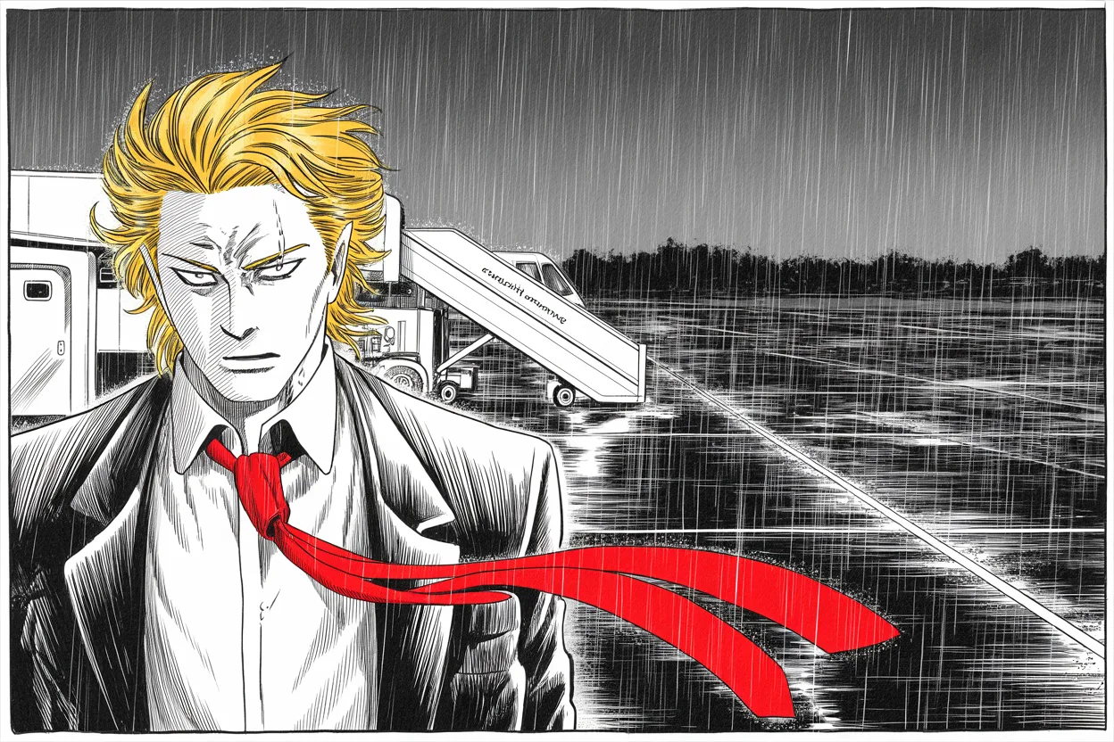 Manga panel 2 of 4, Week 412 “The Ocean Between”: Friday he comes home in the rain. Back in the USA, he writes, but sadly — the DOJ and FBI are destroying the lives of patriots right before our very eyes.