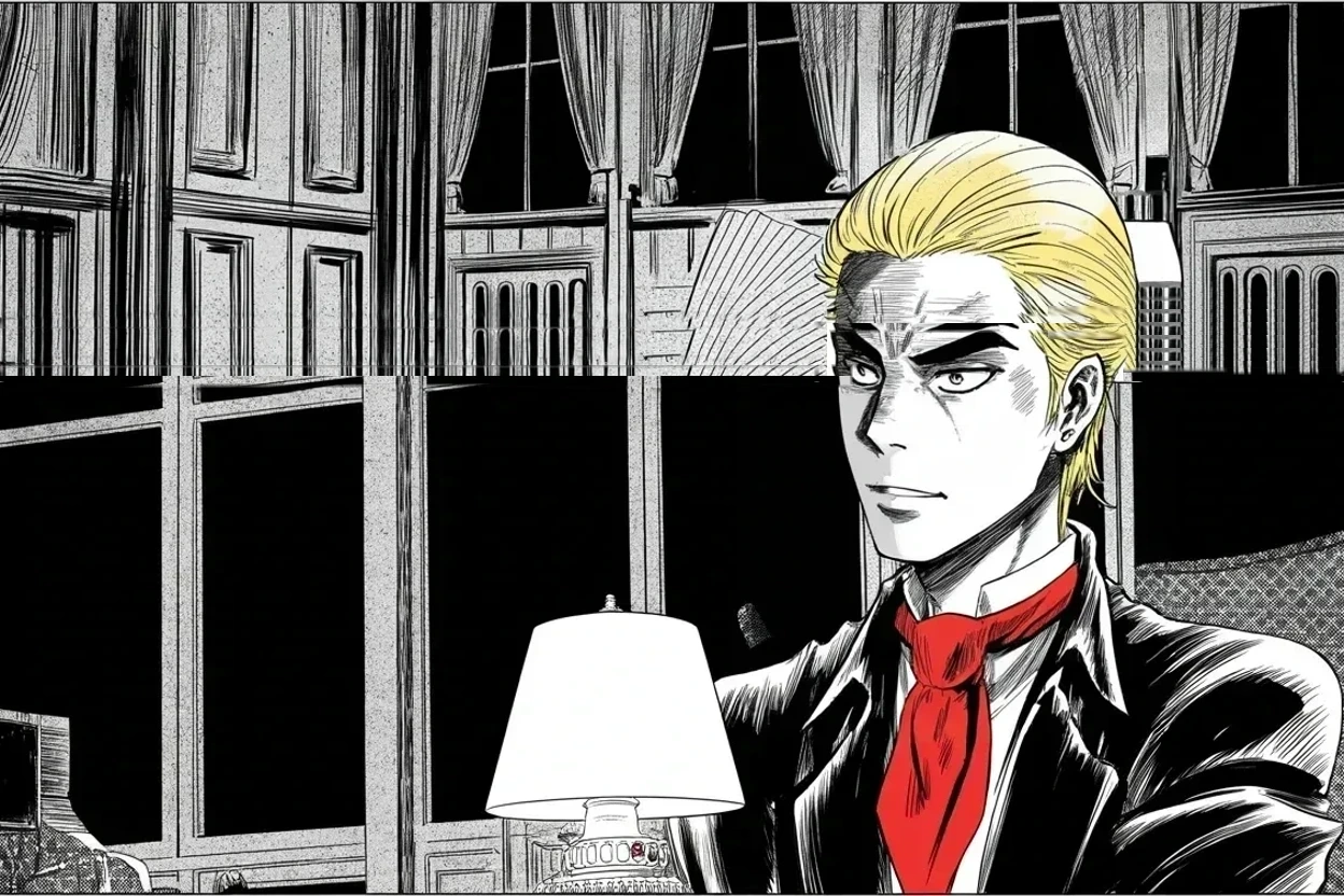 Manga panel 3 of 4, Week 412 “The Ocean Between”: Night falls on the first day home: election interference, he shouts into the dark, and past midnight the thought keeps circling — all of it done to influence an election. A dangerous time in America.