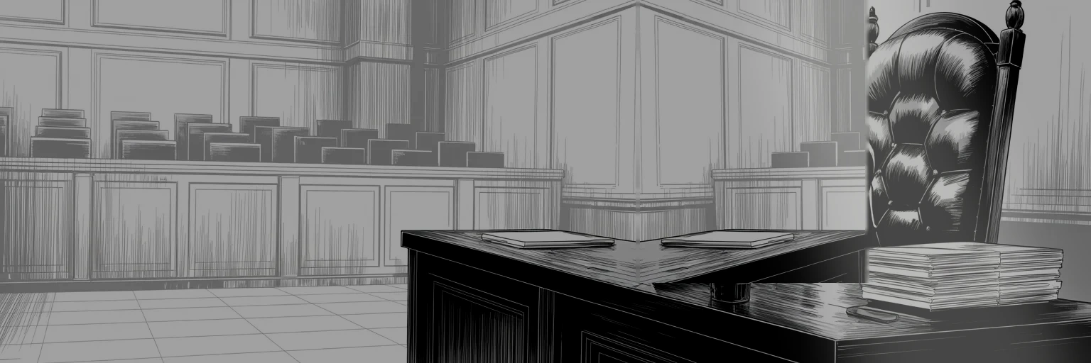 Manga panel 4 of 4, Week 412 “The Ocean Between”: Monday the lawyers finish and the case goes to the jury. Through the whole trial, the chair at the defense table has never once been filled.