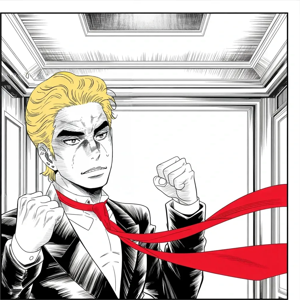 Manga panel 3 of 5, Week 413 “Victory Lap”: The answer comes at once and at full volume: he has absolutely no idea who this woman is, and the verdict is a disgrace — the greatest witch hunt of all time, continued.