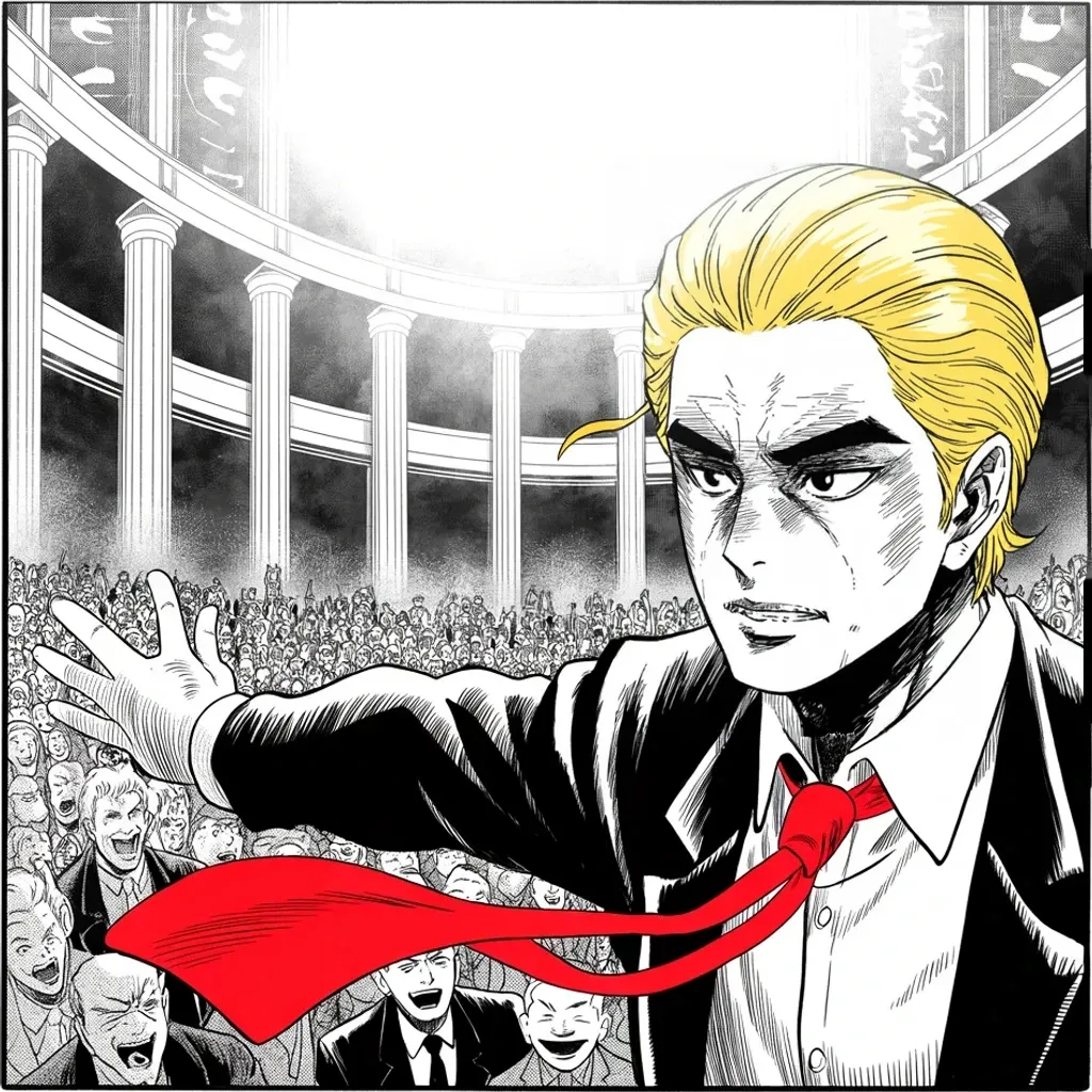 Manga panel 4 of 5, Week 413 “Victory Lap”: One night after the verdict he plays a town hall on the network he calls fake, and the room laughs with him. Hope everyone enjoyed CNN tonight, he posts. The audience was amazing.