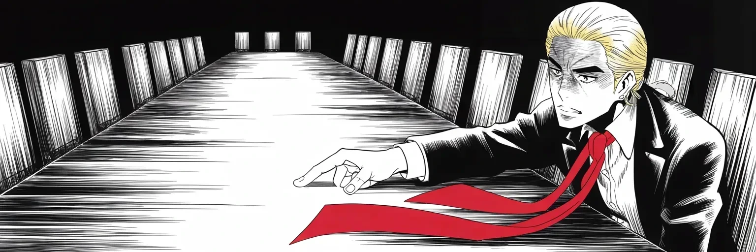 Manga panel 2 of 3, Week 414 “Framed”: The Capitol haggles over the nation's credit and he sends down orders from the long table: no deal unless they get everything they want, kitchen sink included. Do not fold.