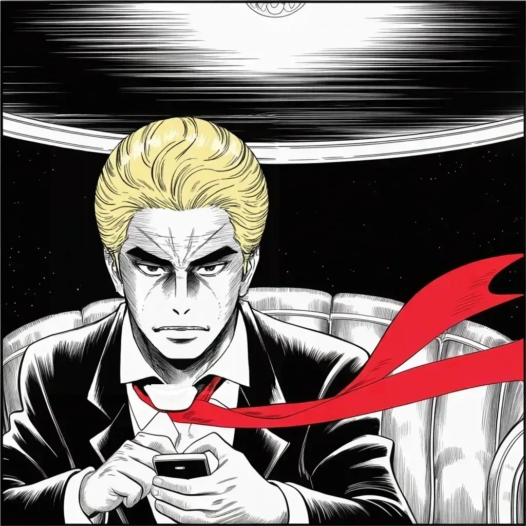 Manga panel 3 of 5, Week 415 “The Red Button”: He answers the launch within the hour, thumbs flying: Rob, my red button is bigger, better, stronger — and is working. Yours does not.