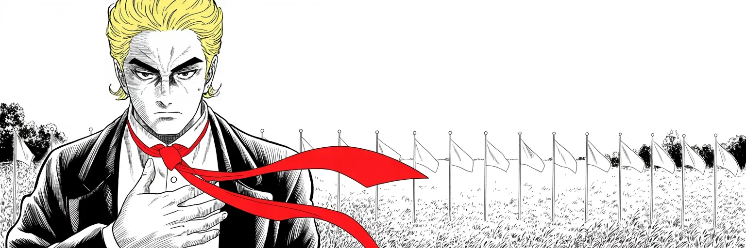 Manga panel 5 of 5, Week 415 “The Red Button”: Memorial Day closes the week among the flags: to those who gave the ultimate sacrifice, he writes — and the race for the nomination is now truly joined.
