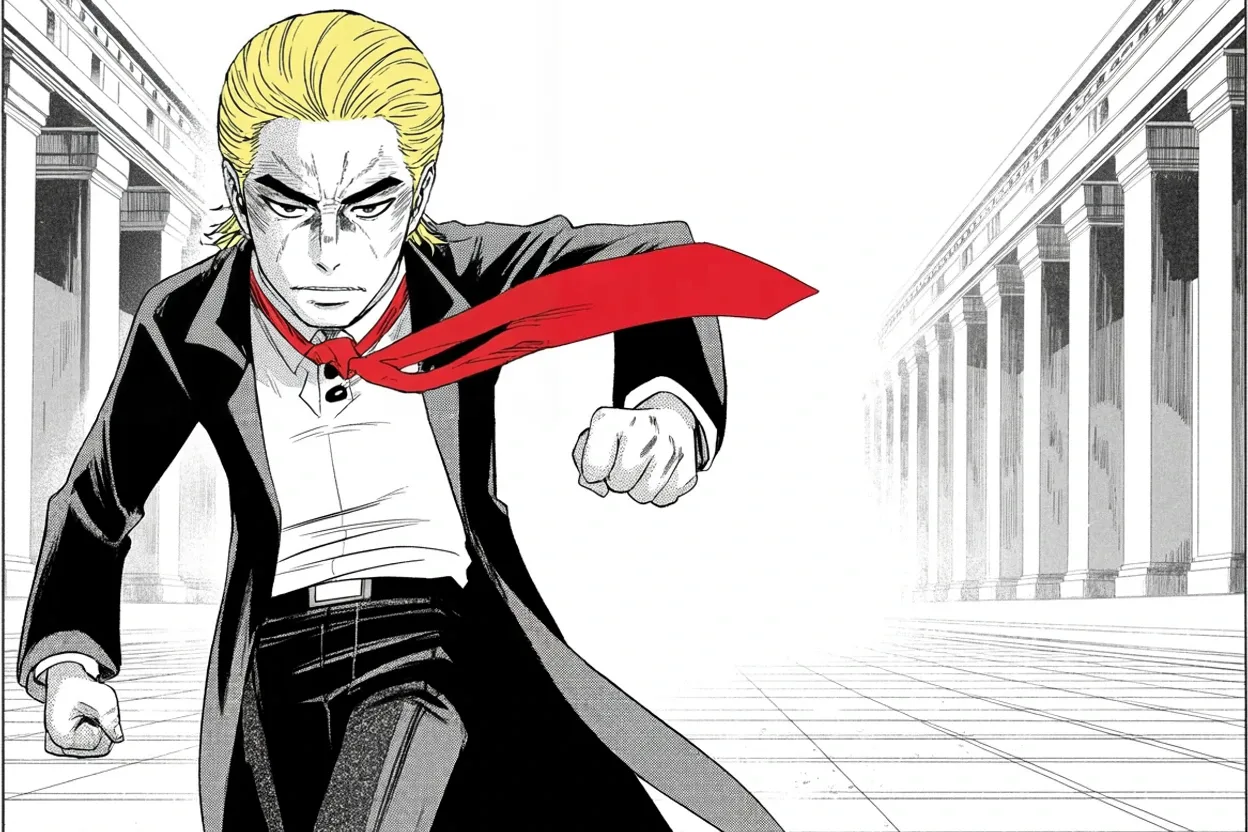 Manga panel 2 of 4, Week 416 “The Tape”: The answer comes back a day later at full volume: election interference, the witch hunt continues. About the recording itself, he says nothing at all.
