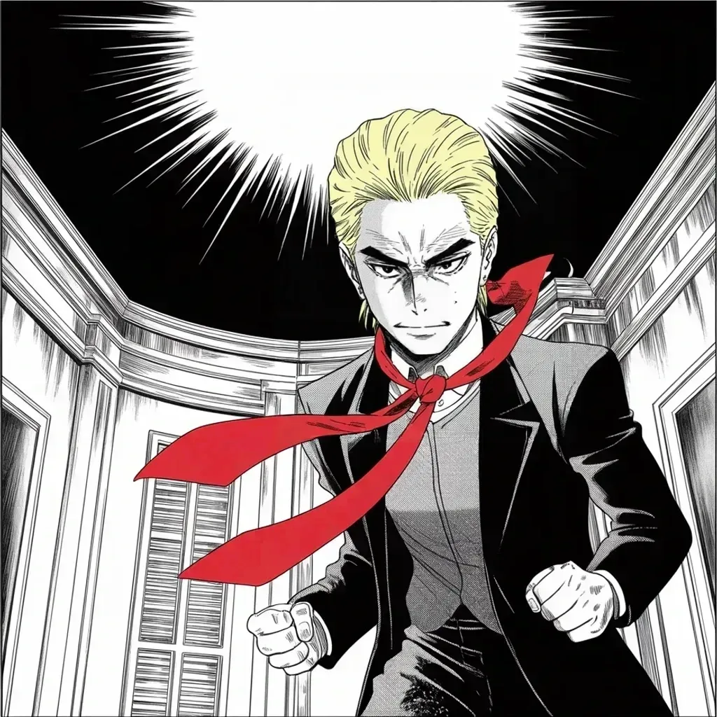 Manga panel 3 of 5, Week 417 “Thirty-Seven Counts”: An hour later the shock has burned off and the roar goes out: he is an innocent man, the administration corrupt, the hunt the greatest of all time — and it has found him again.